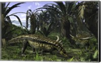 Framed Desmatosuchus search for edible roots in a prehistoric landscape