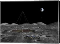 Framed giant liquid mirror telescope lies nestled in a lunar crater