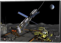 Framed manned lunar space elevator prepares to depart from its manned lunar base