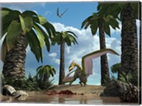 Framed pterosaur flying reptile lands next to some carrion