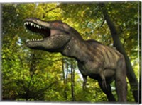 Framed Tyrannosaurus wanders a Cretaceous forest