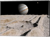 Framed Artist's Concept of an Impact Crater on Jupiter's Moon Ganymede, with Jupiter on the Horizon