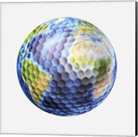 Framed 3D rendering of a planet Earth Golf Ball, White Background