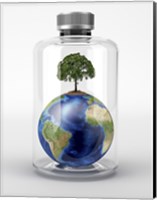 Framed Planet Earth with a Tree on Top, inside a Glass Bottle
