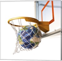 Framed 3D Rendering of Planet Earth Falling Into a Basketball Hoop