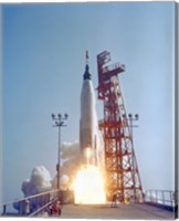 Framed Mercury-Atlas 9 lifts off from its Launch Pad at Cape Canaveral, Florida