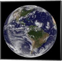 Framed Full Earth showing two Tropical storms Forming in the Atlantic Ocean