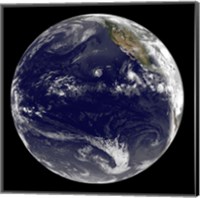 Framed View of Earth Showing Three Tropical Cyclones in the Pacific Ocean