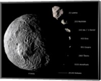 Framed Digital Composite Showing the Comparative Sizes of Nine Asteroids