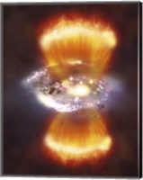 Framed Artist Concept of a Galaxy inside of a Glowing Hydrogen Blob