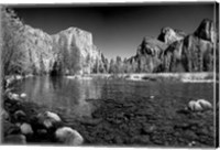 Framed California Yosemite Valley view from the bank of Merced River