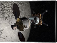 Framed Concept of the Orion crew Exploration Vehicle Docked to a Lunar Lander in Lunar Orbit