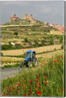 Framed Blue tractor on rural road, San Vicente de la Sonsierra Village, La Rioja, Spain