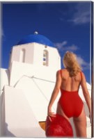 Framed Woman in Swimsuit, Fira, Santorini, Greece