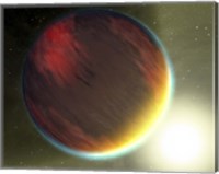 Framed cloudy Jupiter-like planet that orbits very close to its fiery hot star