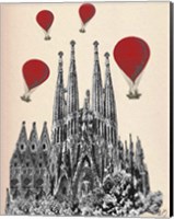 Framed Sagrada Familia and Red Hot Air Balloons