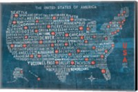 Framed US City Map on Wood Blue