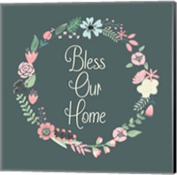 Framed Bless Our Home Floral Teal