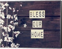 Framed Bless Our Home Flowers on Wood Background