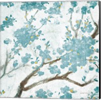 Framed 'Teal Cherry Blossoms I on Cream Aged no Bird' border=