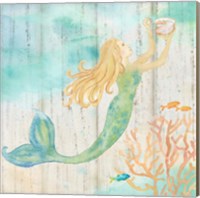 Framed 'Sea Splash Mermaid Woodgrain I' border=