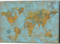Framed Rustic World Map Sky Blue