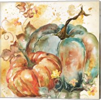 Framed Watercolor Harvest Teal and Orange Pumpkins II