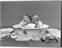 Framed 1930s Twin Babies In Bath Tub