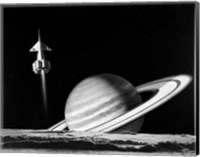 Framed 1960s Space Rocket Flying Past Saturn