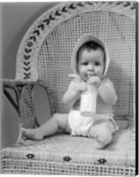 Framed 1940s Baby Sitting In Wicker Chair