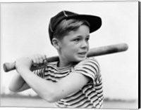 Framed 1930s Boy At Bat Wearing A Horizontal Striped Tee Shirt