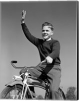 Framed 1940s 1950s Smiling Boy Riding Bike Waving