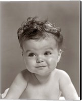 Framed 1950s Portrait Baby With Messy Curly Hair & Straight Face