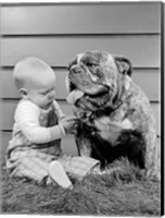 Framed 1950s 1960s Baby Sitting Playing With Bulldog