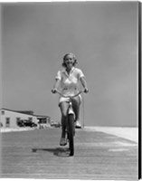 Framed 1940s Summer Time Smiling Woman Riding Bike On Beach Boardwalk