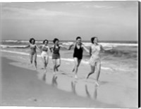 Framed 1930s Four Women And One Man Running On Beach