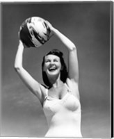 Framed 1940s Woman In White Bathing Suit Holding A Beach Ball