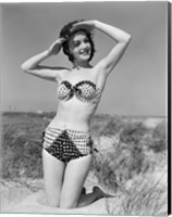 Framed 1950s Young Woman Kneeling In Grassy Sand