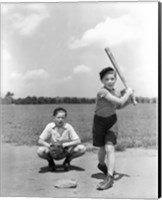 Framed 1930s Two Boys Batter And Catcher Playing Baseball