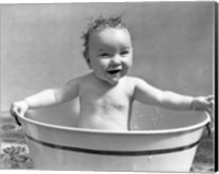 Framed 1920s 1930s Wet Baby Girl Sitting In Metal Wash Tub