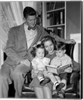 Framed 1940s Father Watching  Mother Reading To Son And Daughter