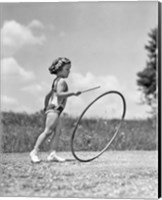 Framed 1930s Girl Outdoors Playing Hoop And Stick Game