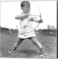 Framed 1930s Boy Outdoors Aiming Toy Bow And Arrow Archery