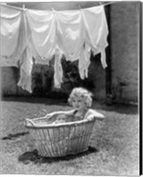 Framed 1930s 1940s Girl Outdoors Sitting In Laundry Basket
