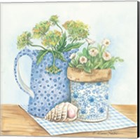 Framed Blue and White Pottery with Flowers I