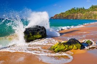 Framed Surf Crashing On Rocks At Secret Beach, Kauai, Hawaii