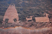 Framed Ancient Petroglyph Of Owl And Big Horn Sheep, Utah