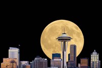 Framed Large Full Moon Behind The Seattle Space Needle