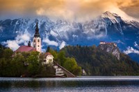 Framed Europe, Slovenia, Lake Bled Church Castle On Lake Island And Mountain Landscape