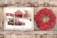 Framed Poinsettia Wreath Window View